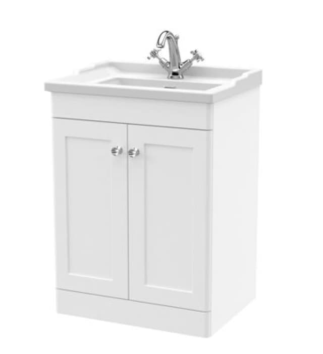Classique Floor Standing 2 Door Vanity Unit with Ceramic Basin Satin White