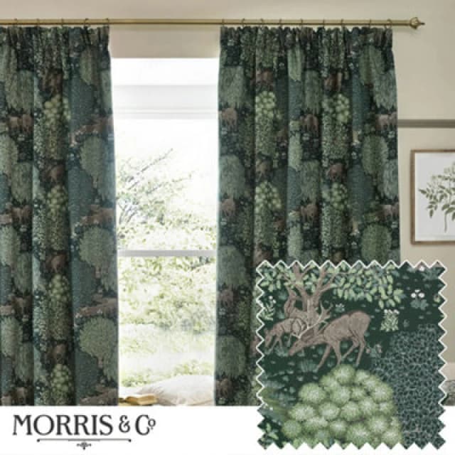 Morris & Co Morris & Co Brook Woodland Jacquard Room Darkening Pencil Pleat Curtains in Green Size: 117cm width x 183cm drop Green 117cm width x 183