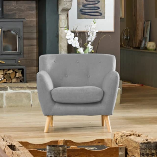 Lynwood 86Cm Wide Light Grey Textured Fabric Scandi Arm Chair With Both Light And Dark Wooden Legs