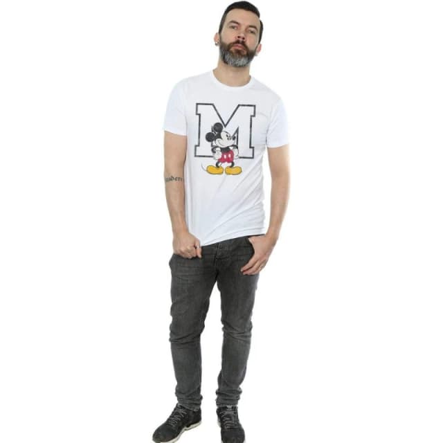 Disney Men Classic M Mickey Mouse Cotton T-Shirt in White Size: Small White S Male 5063377452686