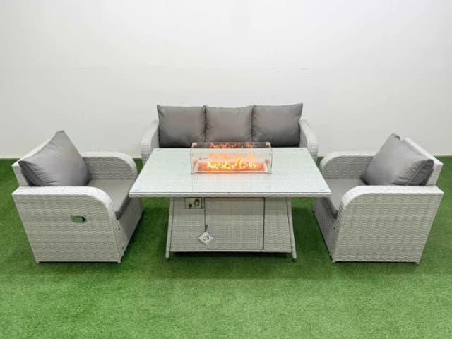 Fimous PE Rattan Garden Furniture Set Reclining Chair Sofa Lounge Sofa Set Firepit Dining Table Light Grey Light Grey