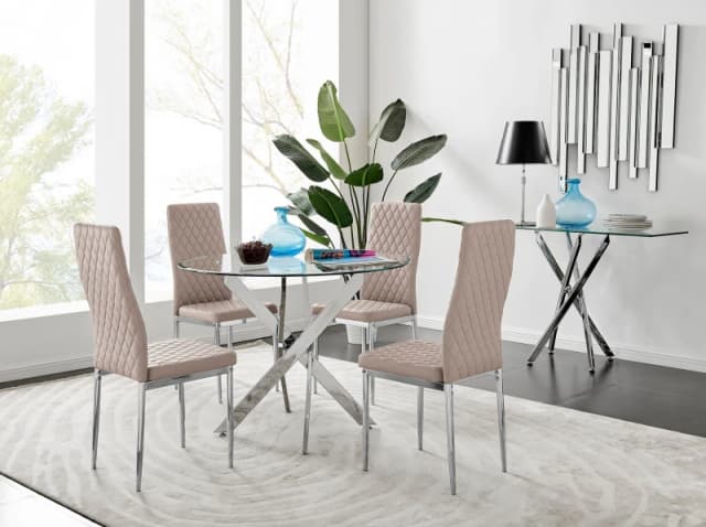 FurnitureboxUK FurnitureboxUK Novara Clear Tempered Glass 100cm Round Dining Table with Chrome Starburst Legs & 4 Milan Faux Leather Chairs in Beige B