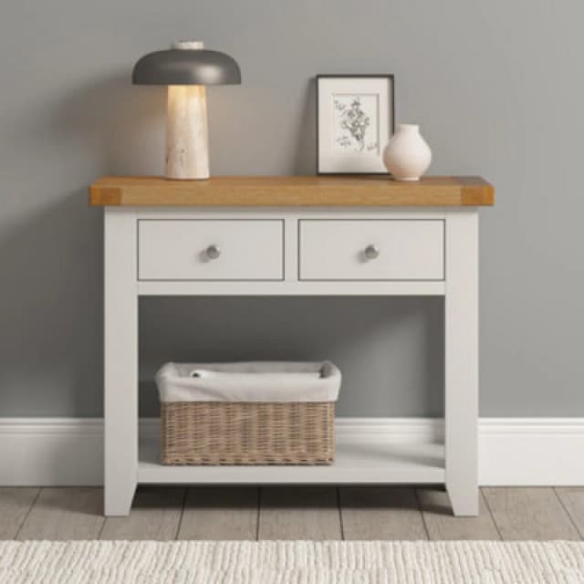 Seconique Windsor 2 Drawer Console Table Ivory With Oak Top Fully Assembled Solid Wood Hall Table