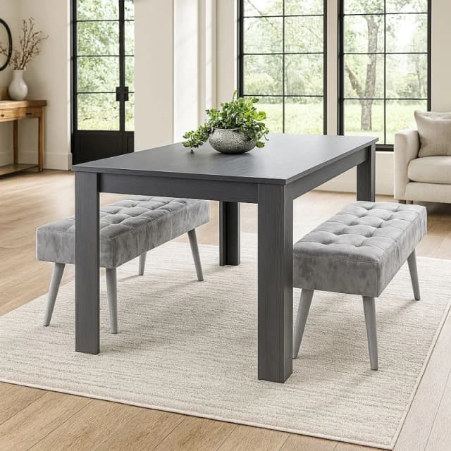 Kosy Koala Dark Grey Wooden Dining Set with Velvet Chairs and 2 Benches, Stylish Arrow Design, Multi ARCHR140+2GRB