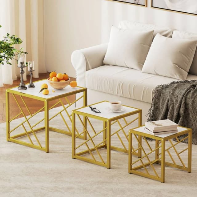 HOMCOM Set of 3 Nesting Coffee Tables Square End Tables w/ Metal Frame White Multicolor Unisex