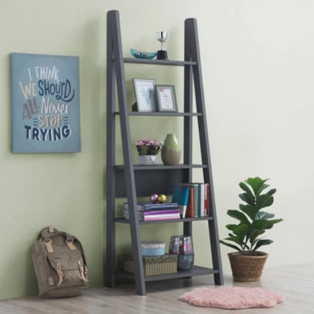 Timber Art Design Riva Scandinavian Retro Ladder Bookcase Shelving Shelf Unit Dark Grey 5 Tier