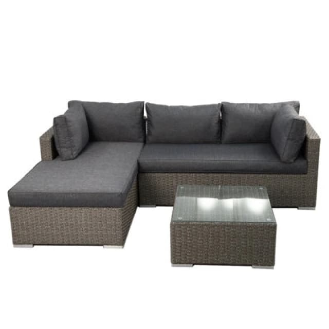 Rattan Garden Corner Sofa Set, 3 Piece Corner Garden Lounge Set With 10Cm Cushion, Tempered Glass Table - Fully Assembled - Gray