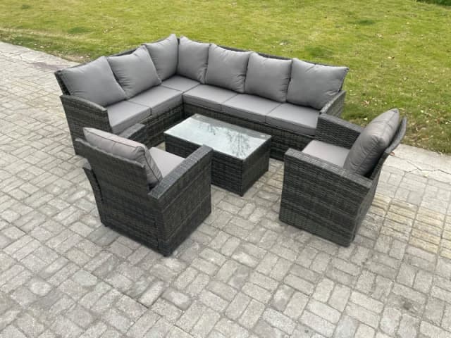 Fimous Rattan Lounge Corner Sofa Set Wicker PE Outdoor Garden Furniture Set with Rectangular Coffee Table 2 Armchairs in Dark Grey Dark Grey Unisex