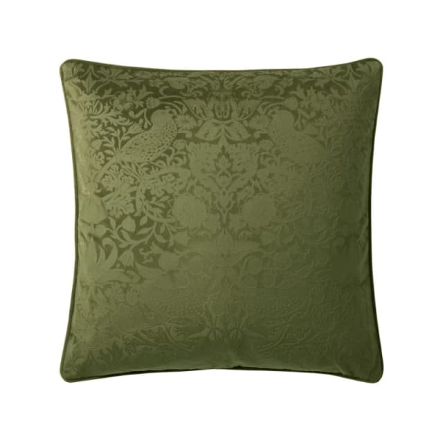 William Morris At Home Strawberry Thief Embossed Cushion, 50x50cm, Olive