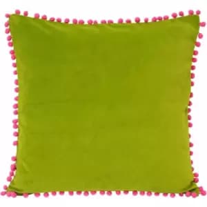 Riva Paoletti - Faux Velvet Pom Pom Fringe 100% Cotton Cushion Cover, Green/Fuchsia, 45 x 45 Cm