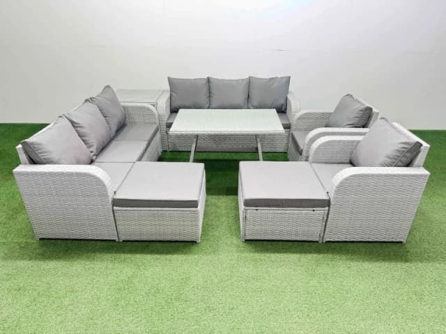 Fimous Rattan High Back Lounge Sofa Set with Reclining Chairs in Light Grey Light Grey Unisex