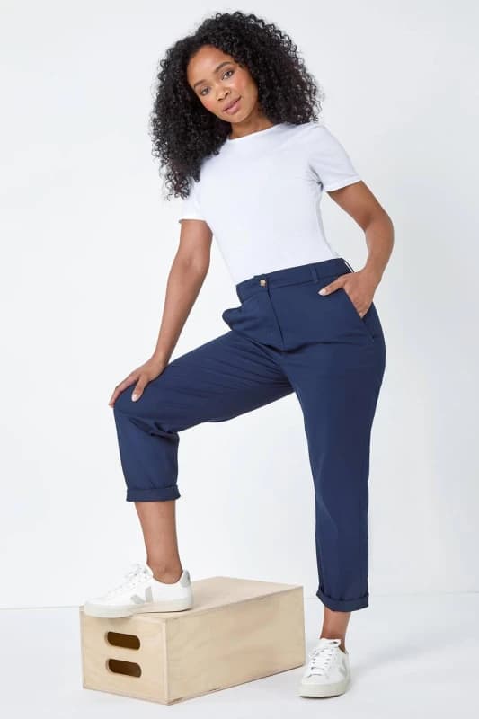 Roman Womens Petite Cotton Blend Stretch Chino Trousers in Navy Size: 10 Navy Female 10