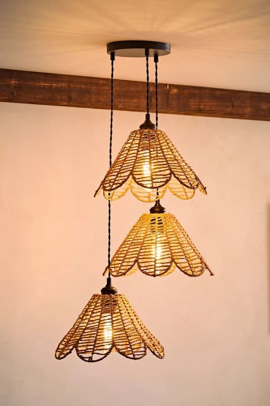 ValueLights ValueLights Vine Rattan Flower Shade 3 Drop Cluster Black Ceiling Pendant Light with Bulbs in Natural Natural One Size Unisex 505940606353