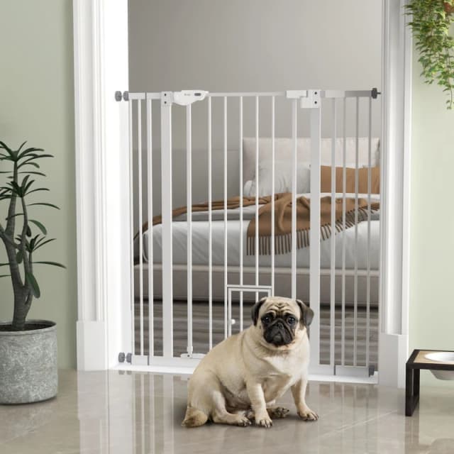 PawHut Extra Tall Dog Gate with Cat Door Auto Close for Stairs 74 - 101Wcm - Pawhut 5056725505301