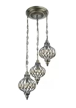 Marisa Triple Ceiling Pendant Round 3 Light E27 Antique Brass, Amber Crystal