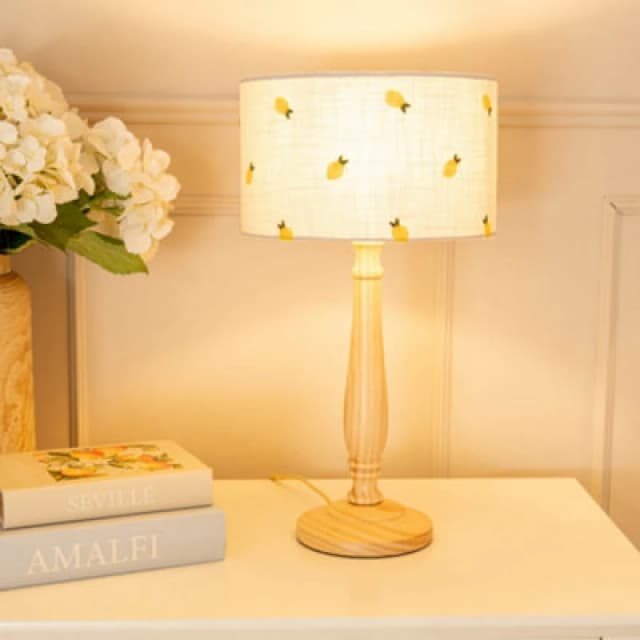 ValueLights Victoria Light Wood Candlestick Table Lamp with Lemon Embroidered Lamp Shade Natural