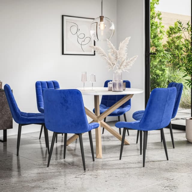 More4Homes Malvern Round Dining Table And Chairs - Marble Table Top W Solid Oak Legs + Nova Velvet Dining Chair Set Of 6 (Blue)