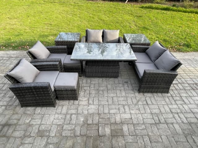 Fimous Outdoor Garden Furniture Sets 9 Pieces Wicker Rattan Furniture Sofa Dining Table Set with 2 Small Footstools 2 Side Table in Dark Grey Dark Gre