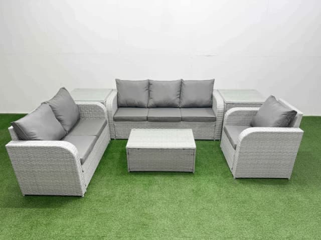 Fimous Patio PE Wicker 6 Seater Outdoor Rattan Furniture Sofa Sets with Rectangular Coffee Table Reclining Chair Loveseat Sofa 3 Seater Sofa 2 Side Ta