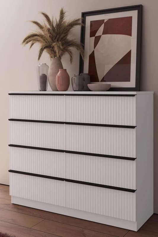 FWStyle Ripple Effect White 8 Drawer Chest Of Drawers Modern Scalloped Fronts White