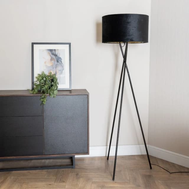 ValueLights ValueLights Camden Black Tripod Floor Lamp with Black Velvet & Gold Lamp Shade Black One Size Unisex 5059406060793