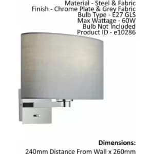 Wall Light & Shade Chrome Plate & Grey Fabric 60W E27 Living Room e10286