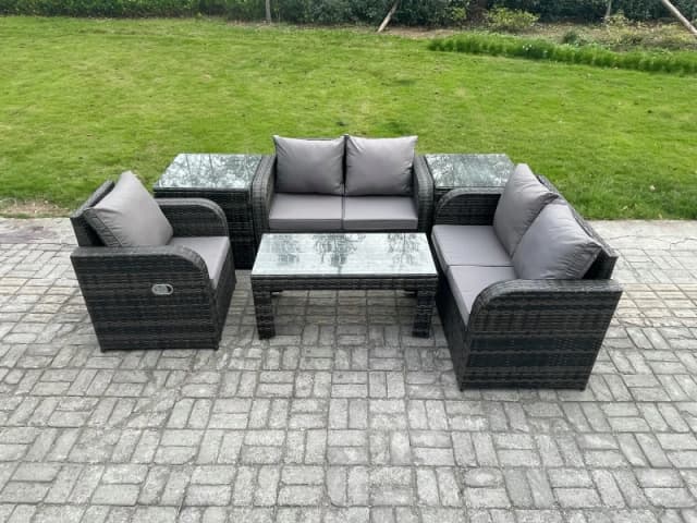 Fimous Rattan Outdoor Garden Furniture Sofa Set Patio Table & Chairs Set with 2 Side Tables Dark Grey Mixed Dark Grey