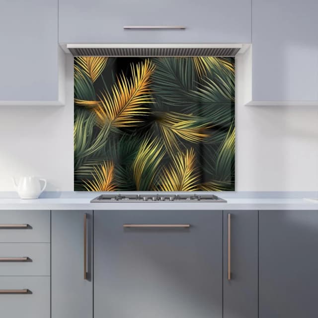 Warren Reed - Designer Golden Palm Leaves Kitchen Splashback in Green Size: 600mm x 750mm Green Unisex 600mm x 750mm