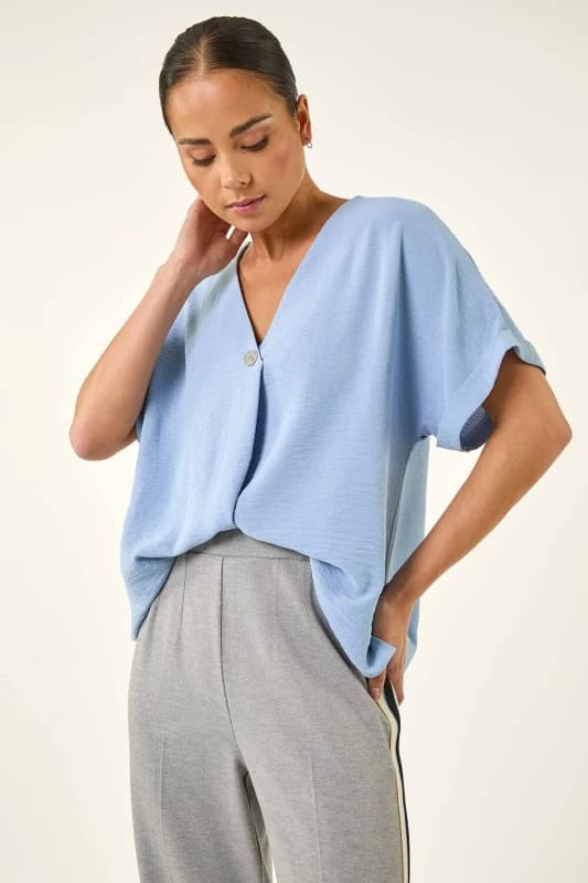 Roman Womens Petite One Buttoned V-Neck Top in Light Blue Size: 10 Light Blue Female 10