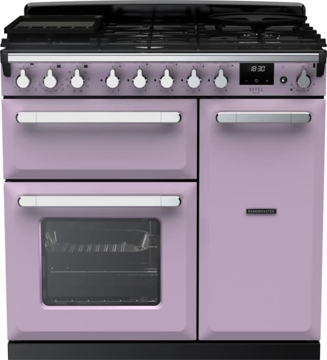 Rangemaster Estel Deluxe ESDL90DFPHTH/CM1 90cm wide Dual Fuel Range Cooker with Gas Hob - Heather / Chrome - A/A Rated