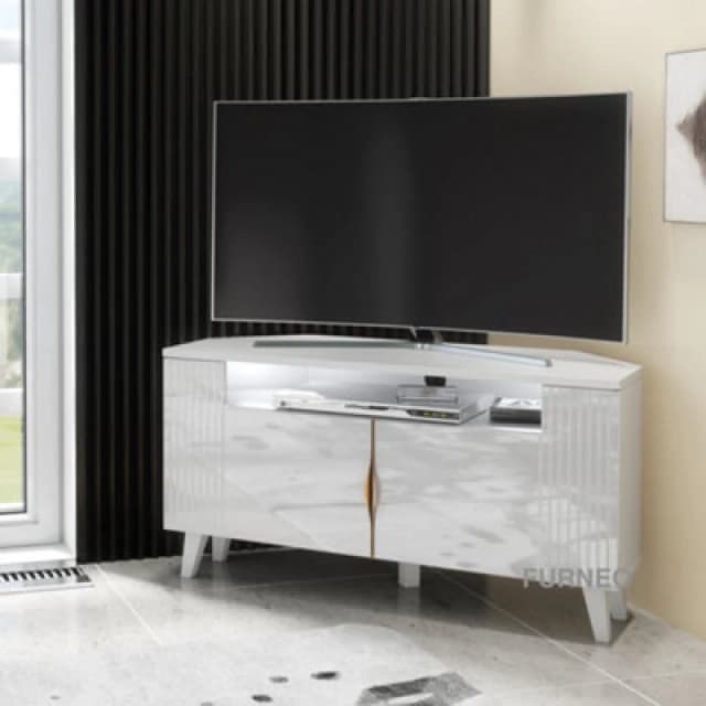 Furneo White Corner TV Stand 100Cm Unit Cabinet Matt & High Gloss Azzurro 06 Brushed Gold Handles White LED Lights