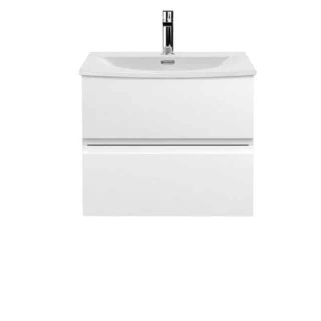 Nuie Hudson Reed Urban Wall Hung 2 Drawer Vanity Unit With Curved Ceramic Basin, Modern Bathroom Furniture In Satin White, 600mm