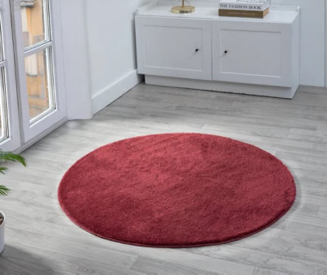 Comfy Washable Low Pile Living Room Area Rug - Anti Slip Felt Backing Red 100Cm Diameter