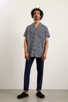 Dark Blue Eco Viscose Diamond Tile Print Revere Shirt