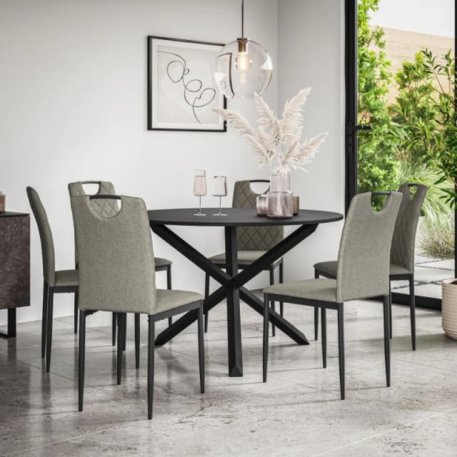 More4Homes Malvern Round Dining Table And Chairs - Black Table Top W Solid Oak Black Legs + Monza Fabric Dining Chair Set Of 6 (Grey)
