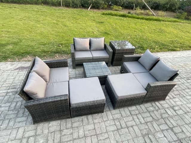 Fimous Outdoor Lounge Sofa Set Wicker PE Rattan Garden Furniture Set with Square Coffee Table Double Seat Sofa 2 Big Footstool in Dark Grey Dark Grey