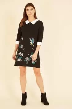 Black Bird and Floral Embroidered Knitted Peter Pan Dress
