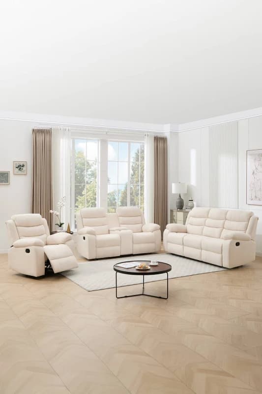 More4Homes Boston Manual Recliner Fabric 1+2+3 Seater Sofa Set W Drinks Console (Beige)