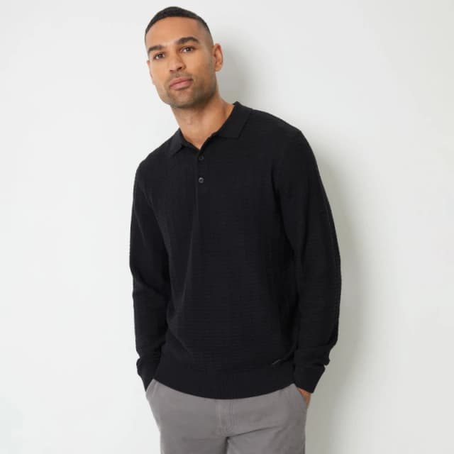 Threadbare 'Shawbrook' Long Sleeve Textured Knit Polo Collar Jumper Black