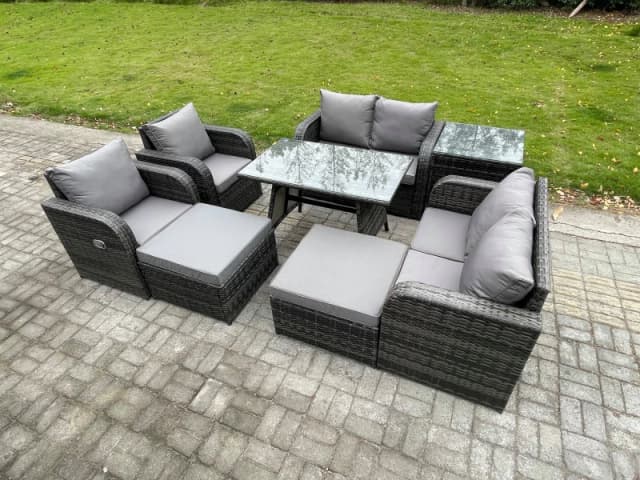 Fimous 8 Seater Wicker PE Rattan Garden Dining Set Outdoor Furniture Sofa with Rectangular Dining Table Side Table 2 Big Footstool Dark Grey