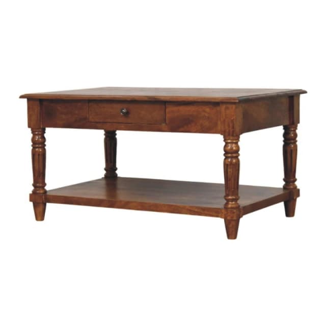 Artisan Furniture Artisan Furniture Solid Wood Turned Legs Chestnut Coffee Table, 2 Drawers and 1 Shelf, Dark Brown