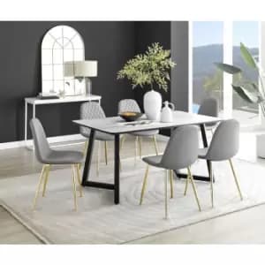 Furniturebox UK - Furniturebox Carson White Marble Effect Rectangular 160cm Dining Table & 6 Grey Corona Faux Leather Dining Chairs with Gold Legs