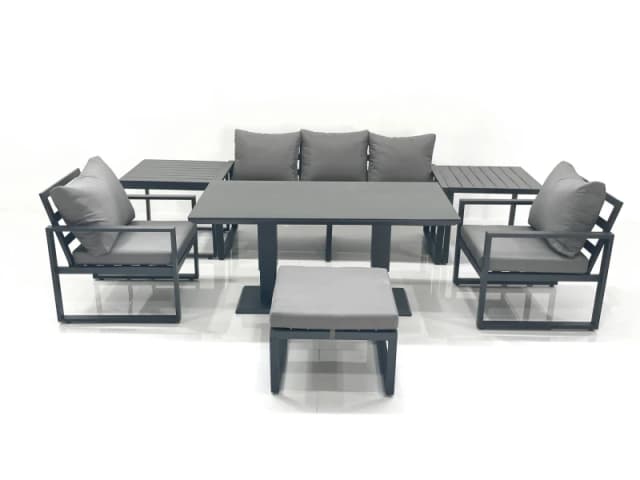 Fimous Outdoor Aluminium Garden Furniture Set with Adjustable Rising Lifting Dining Table 3 Seater Sofa 2 Chair Big Footstool 2 Side Tables Dark Grey
