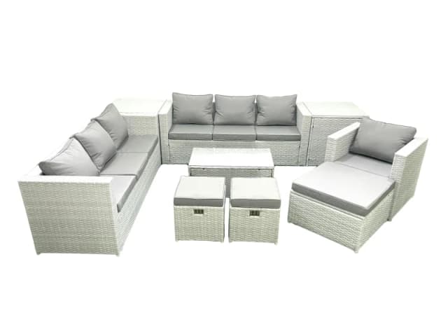 Fimous Wicker PE Rattan Sofa Garden Furniture Set with Armchair Oblong Coffee Table 3 Footstools 2 Side Tables Light Grey Mixed Light Grey