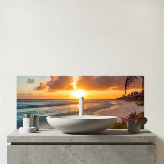 Warren Reed - Designer Sunrise On The Beach Glass Bathroom Splashback Multicolor Unisex