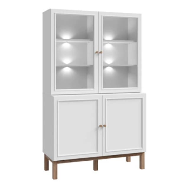 Furniture To Go Wensley Display Cabinet With 2 Doors And 2 Glass Doors In Light Grey And Oak Inc LED Lighting