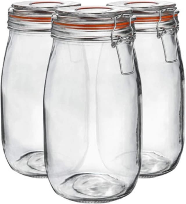 Neo 1.5L Pack of 3 Canisters Glass Storage Jars with Airtight Silicone Seal Metal Clip Top Lids Natural