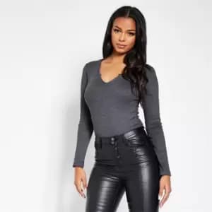 I Saw It First Rib Notch Front Long Sleeve Bodysuit - Grey