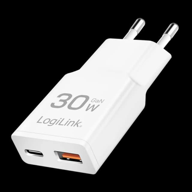 LogiLink USB Wall Charger. 2port. GaN. USB-AF & USB-CF. PD 30W. sl