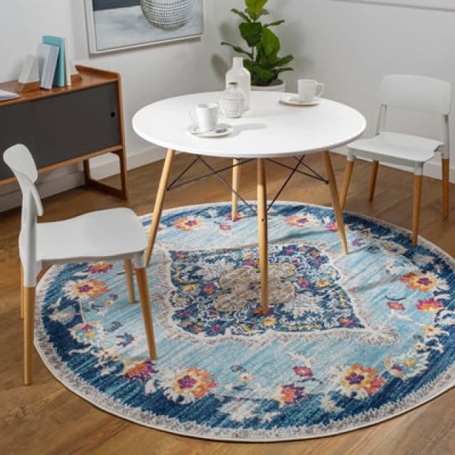 Livabliss Round Vintage Oriental Boho Blue Romy Area Rug 160 X 160 Cm - Easy Care, Non Shedding, Ideal For Living Room & Bedroom